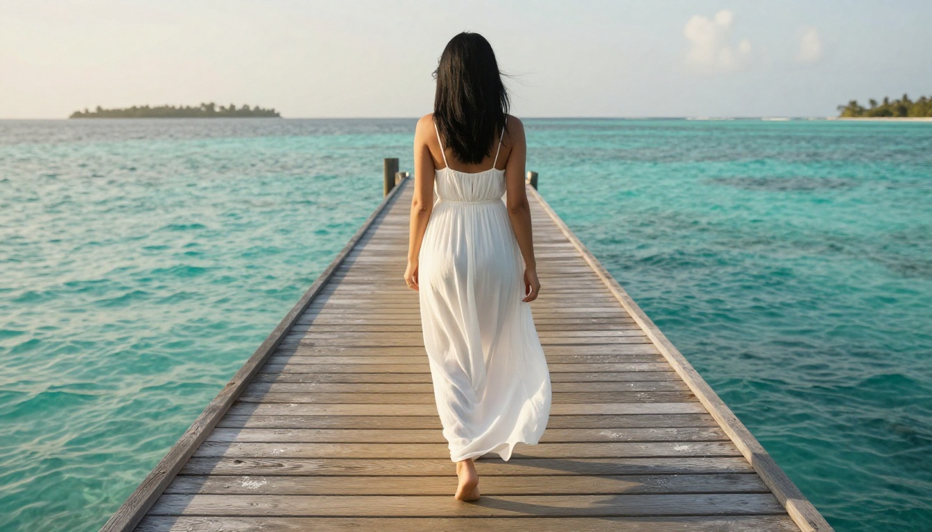Woman in a white dress walking on a wooden pier over turquoise water