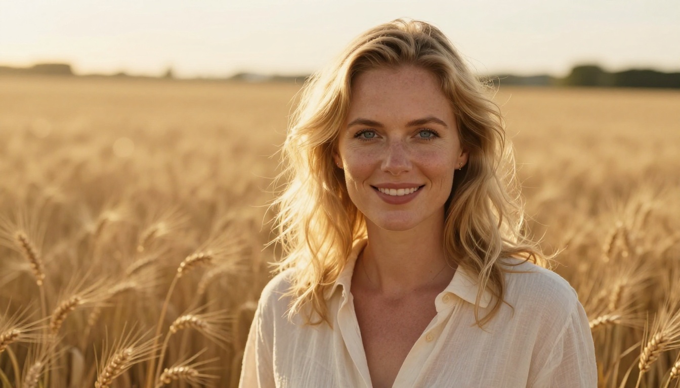 Woman with natural smile in a sunlit wheat field at golden hour