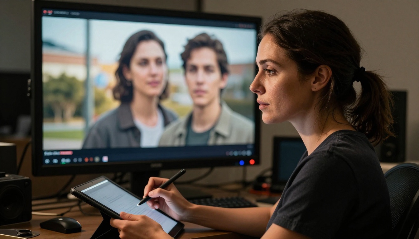 Professional film director reviewing AI-generated video output in a studio Professional film director reviewing AI-generated video output in a studio