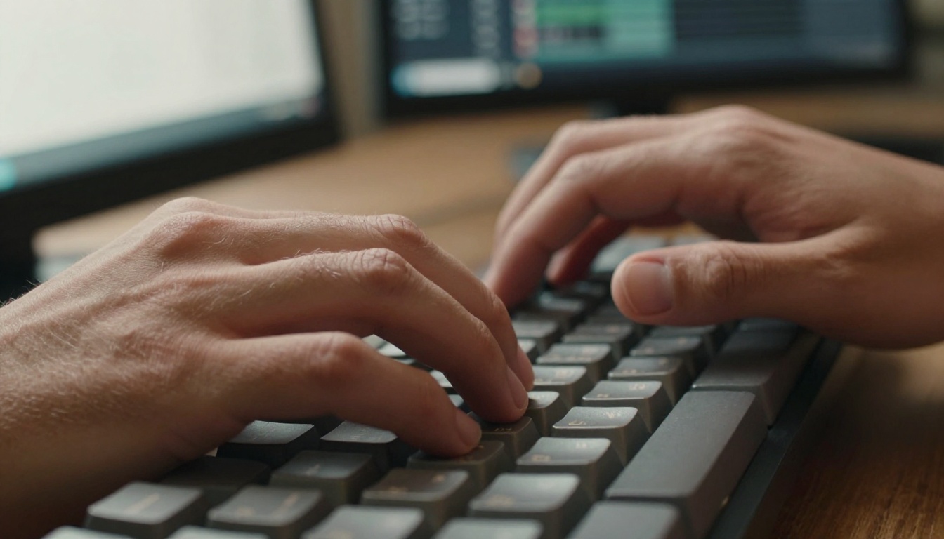 Close-up of hands working on keyboard with video editing software in background Close-up of hands working on keyboard with video editing software in background