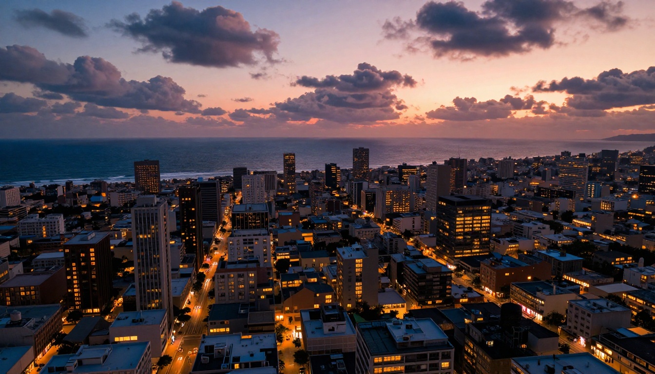 Aerial cinematic view of a coastal city at dusk showing AI video quality potential Aerial cinematic view of a coastal city at dusk showing AI video quality potential