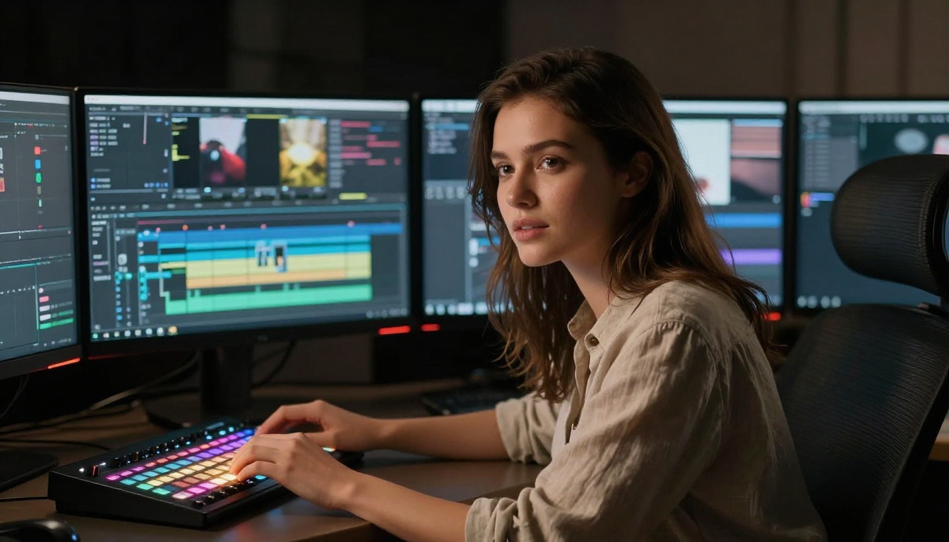 Young woman working at professional video editing suite with colorful timeline on screen Young woman working at professional video editing suite with colorful timeline on screen