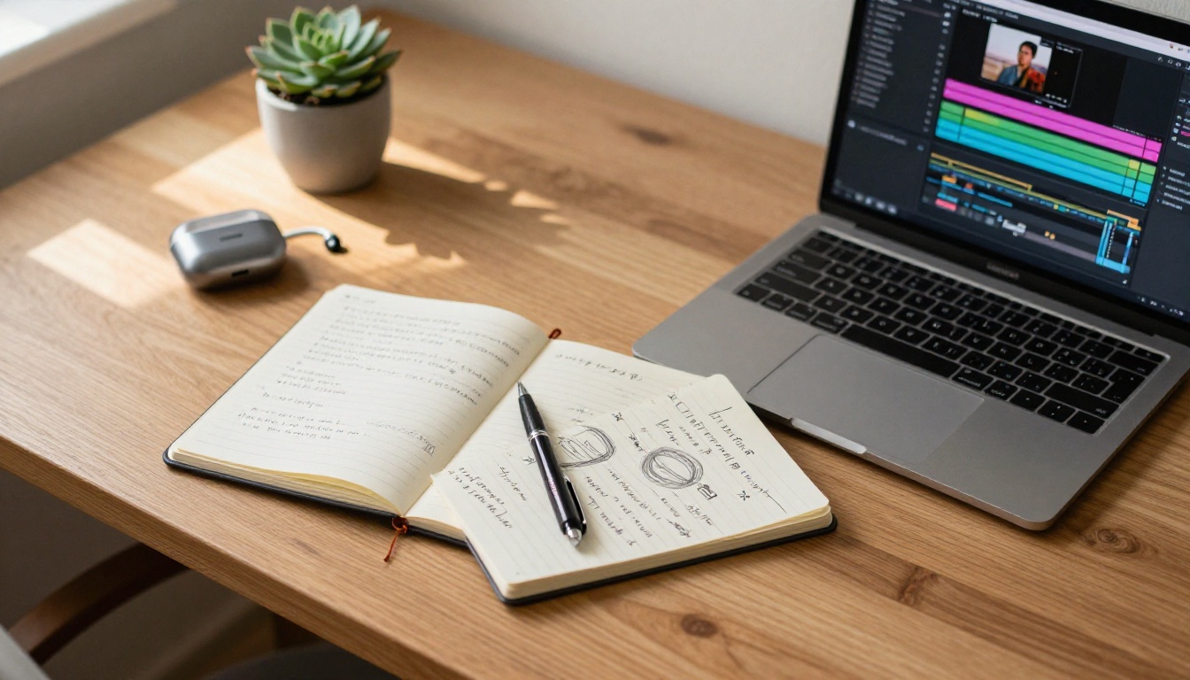 Creative professional's overhead desk setup with video editing software and notebook