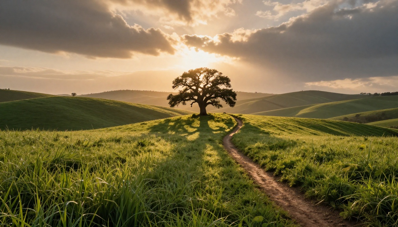 Rolling green hills at golden hour showing cinematic landscape quality achievable with AI video