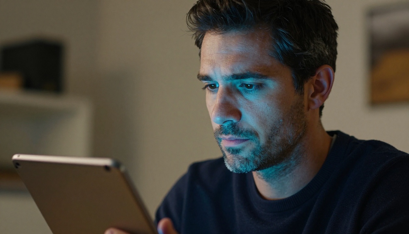 Man thoughtfully reviewing AI video output on tablet with dual light sources