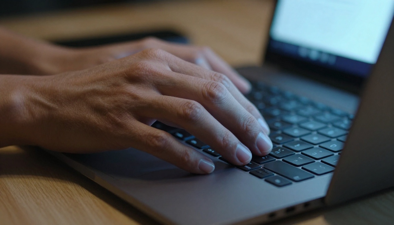 Filmmaker's hands typing a creative video prompt on a laptop keyboard Filmmaker's hands typing a creative video prompt on a laptop keyboard