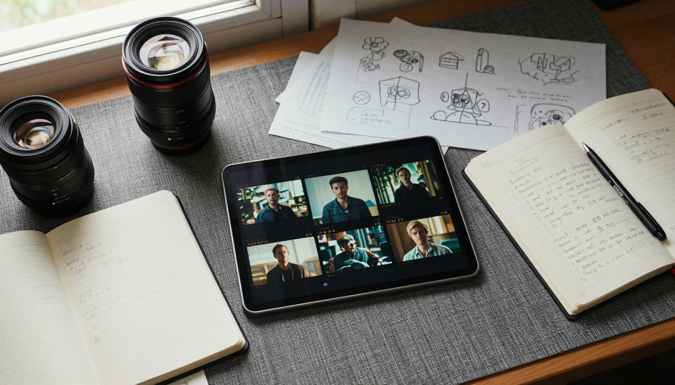 Aerial top-down view of creative desk with tablet, notebooks, and camera lens Aerial top-down view of creative desk with tablet, notebooks, and camera lens