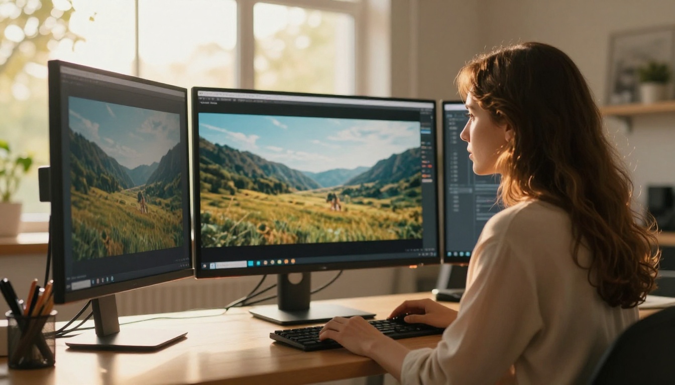 Woman watching cinematic AI video on large monitor with backlit studio window Woman watching cinematic AI video on large monitor with backlit studio window