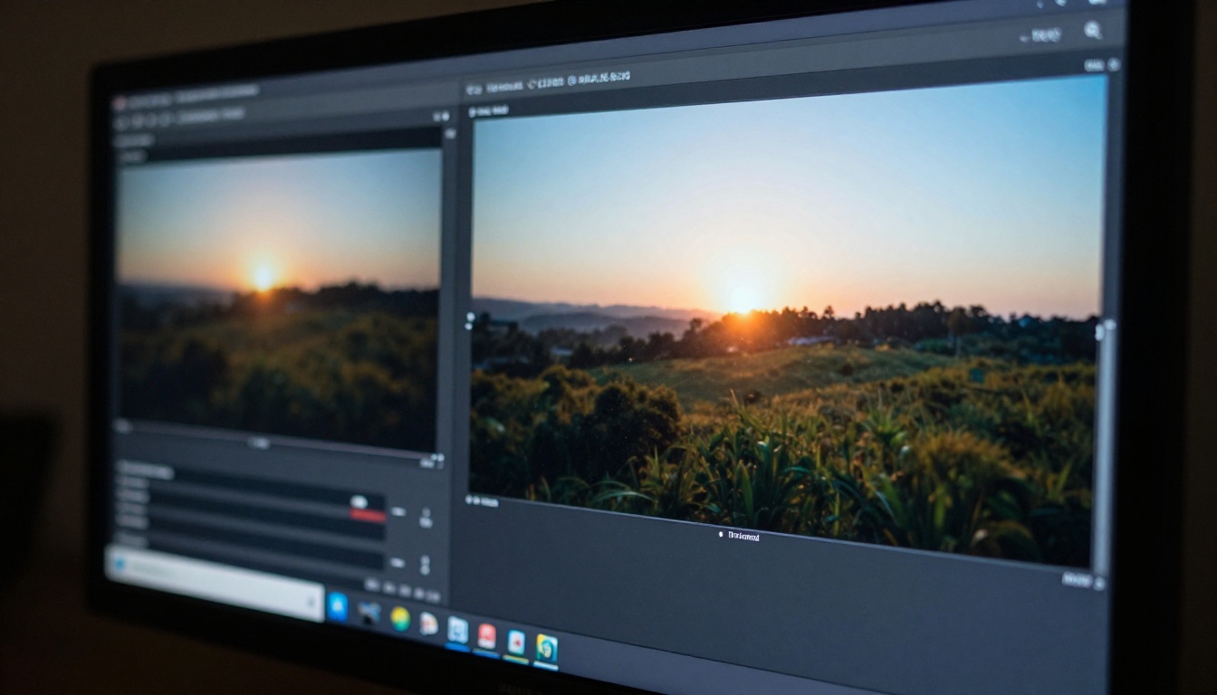 Monitor showing two AI video comparison panels side by side with cinematic footage Monitor showing two AI video comparison panels side by side with cinematic footage