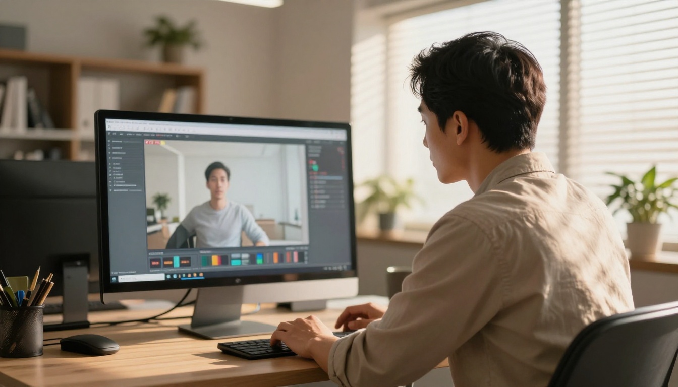 Male creative director reviewing AI video output on widescreen monitor with afternoon sunlight Male creative director reviewing AI video output on widescreen monitor with afternoon sunlight