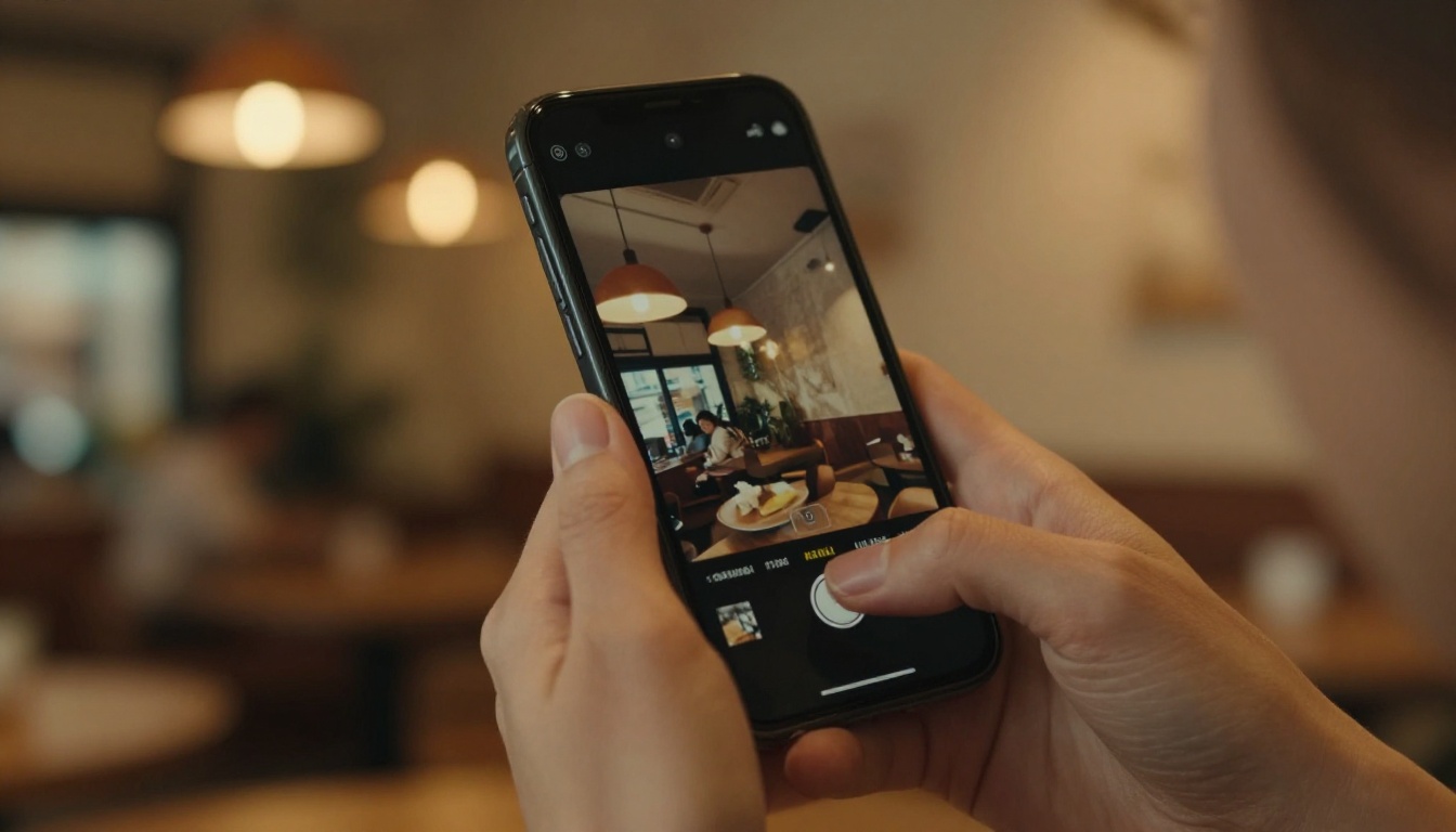 Smartphone in hand showing AI video clip with warm café bokeh background lighting