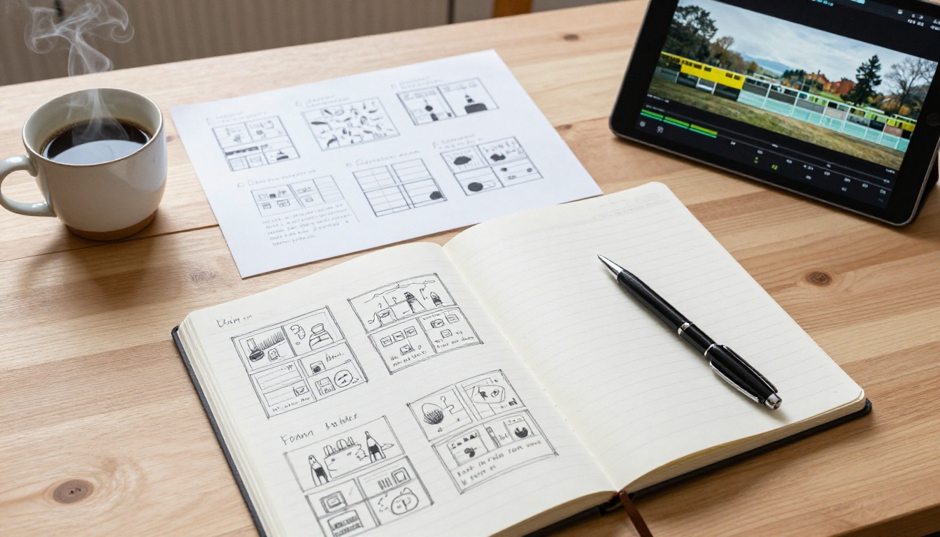 Overhead view of filmmaker's storyboard notes, coffee cup, and video timeline on production desk