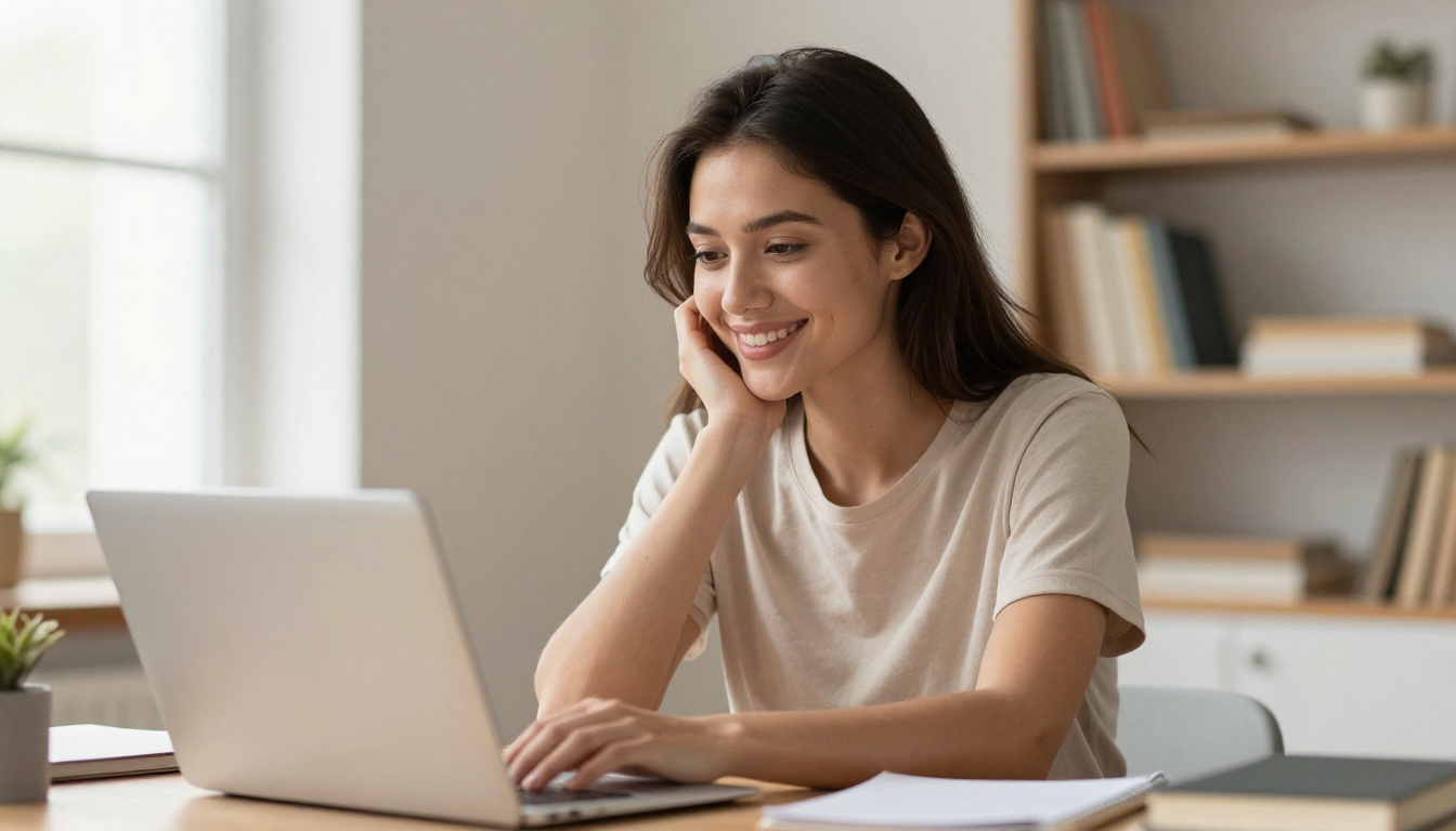Young woman content creator smiling while watching AI-generated video on laptop in warm home studio