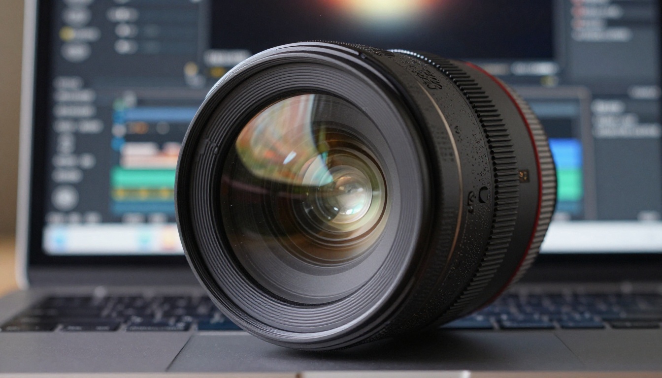 Close-up of professional camera lens beside laptop showing video editing software with directional studio light