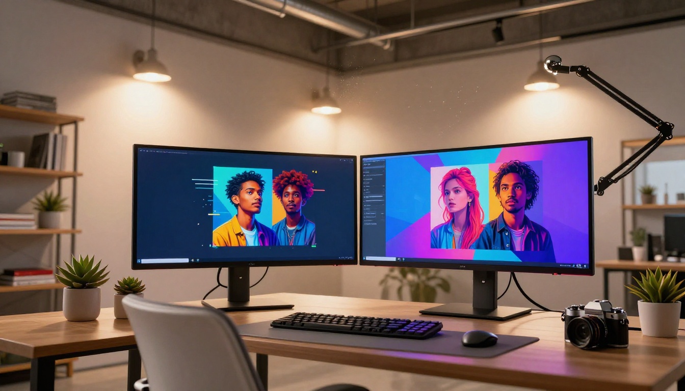 Modern creative professional workspace with dual monitors showing AI art