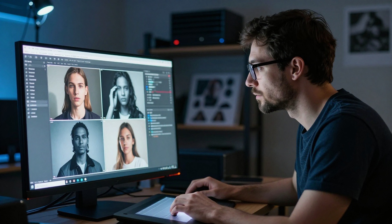 Graphic designer studying AI image comparison on large monitor