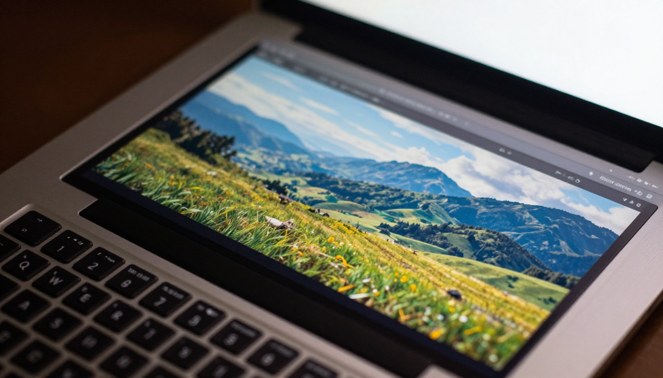 Laptop screen macro showing AI image generation interface with landscape output