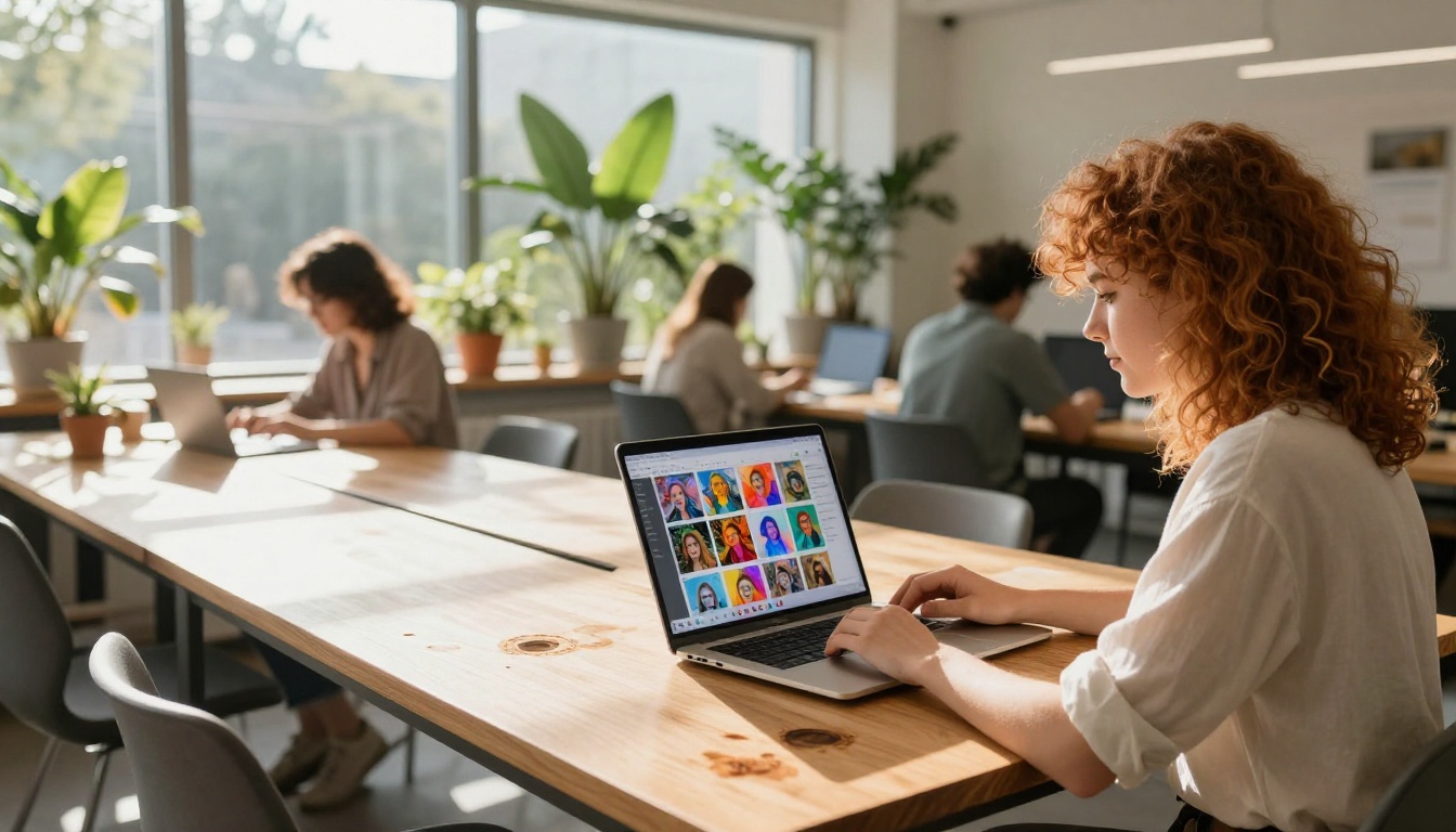 Creative professional working on AI art in a sunlit co-working space
