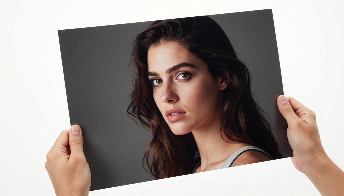 Large professional print of AI-generated portrait held in studio light