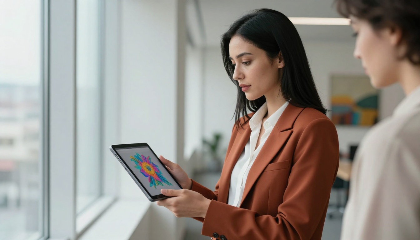 Professional woman showing AI art on tablet to colleague in modern office hallway