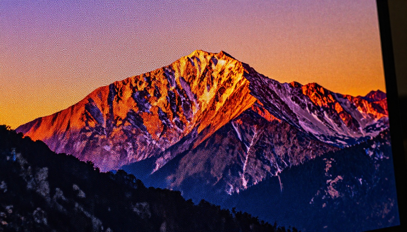 Monitor screen macro showing vivid AI-generated mountain landscape at golden hour