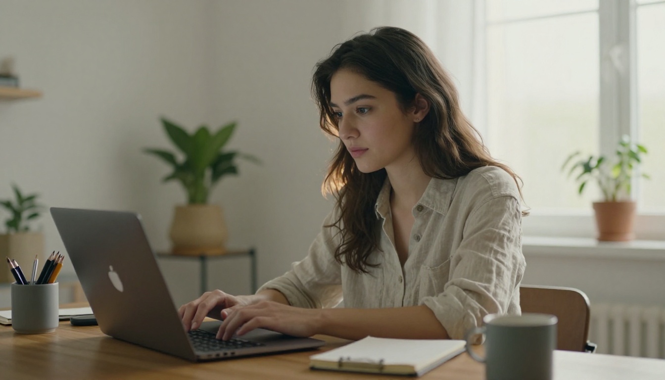 Young woman working at a home studio desk generating AI video on a laptop