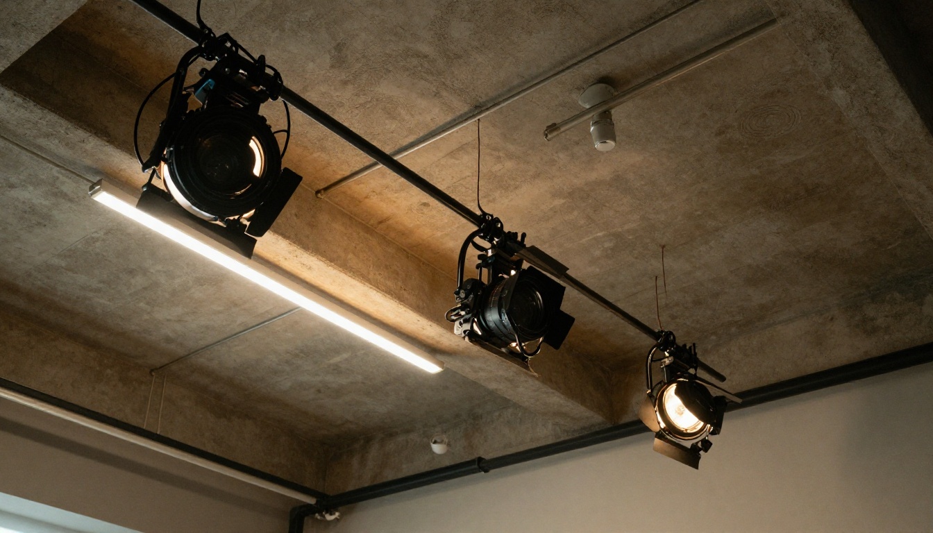 Professional video production studio interior with cinema lighting rigged from ceiling