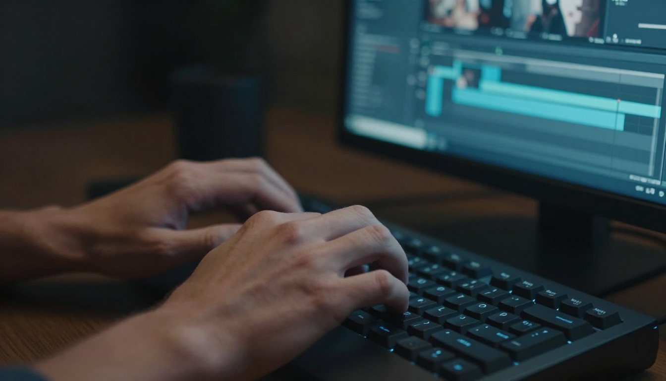 Creative professional's hands on mechanical keyboard illuminated by monitor glow in dark workspace