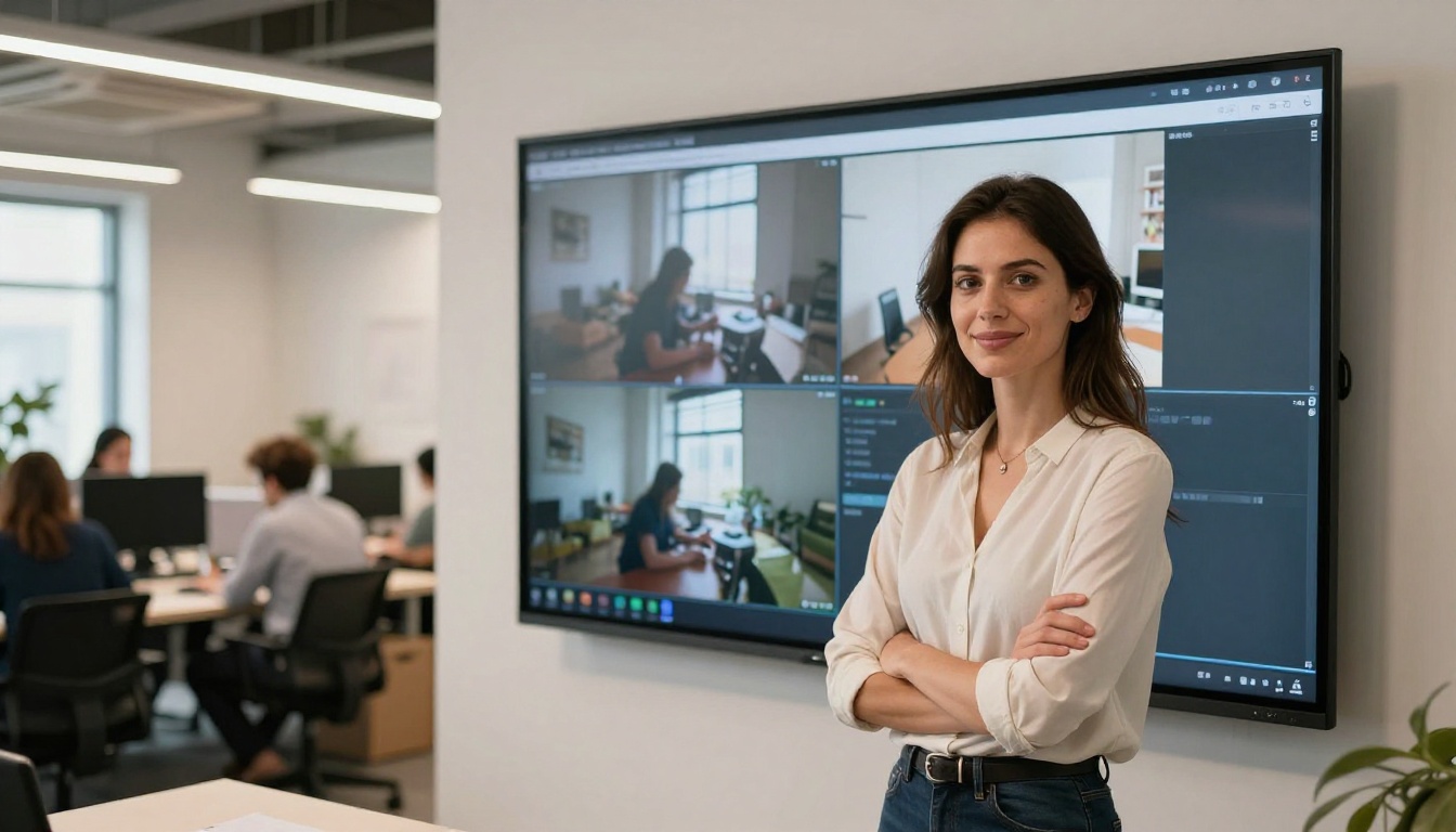 Creative director reviewing split-screen AI video output on a large wall-mounted display
