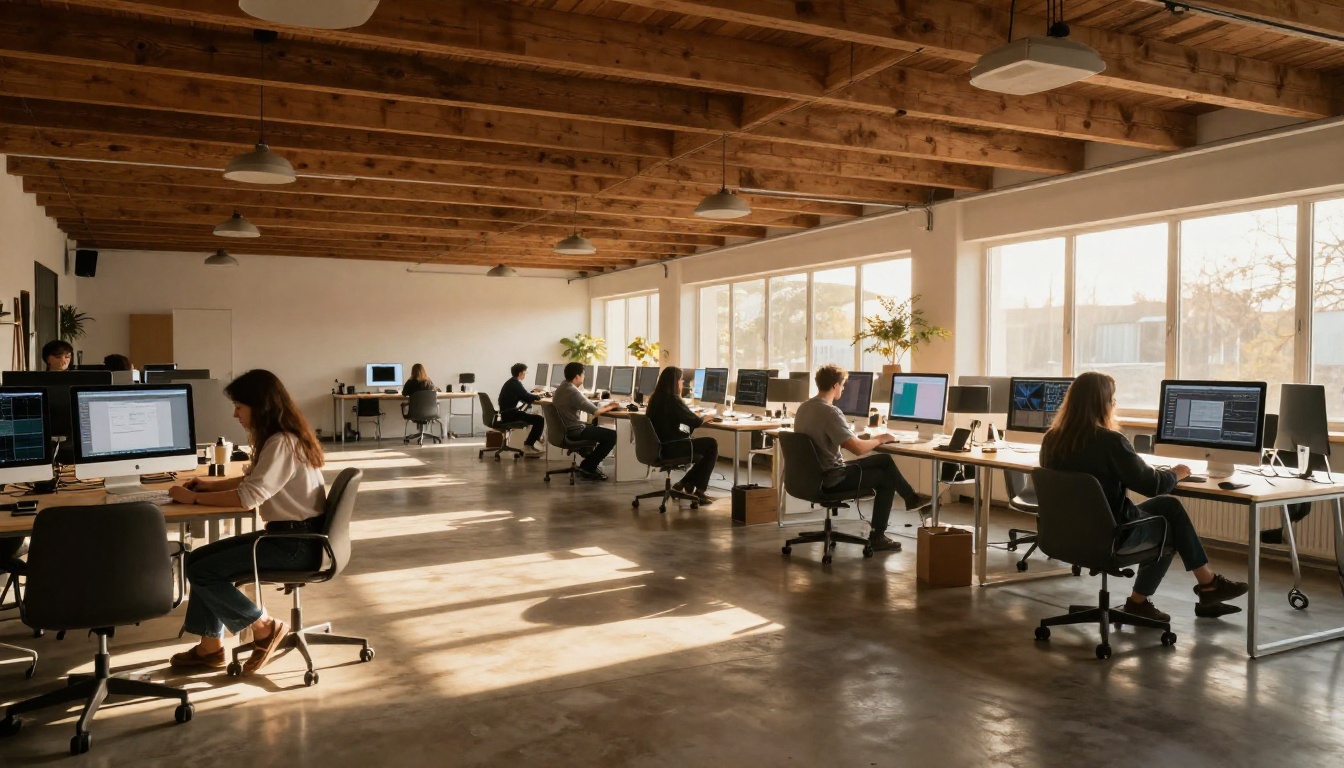 Modern open-plan creative studio interior with workstations and warm golden hour light
