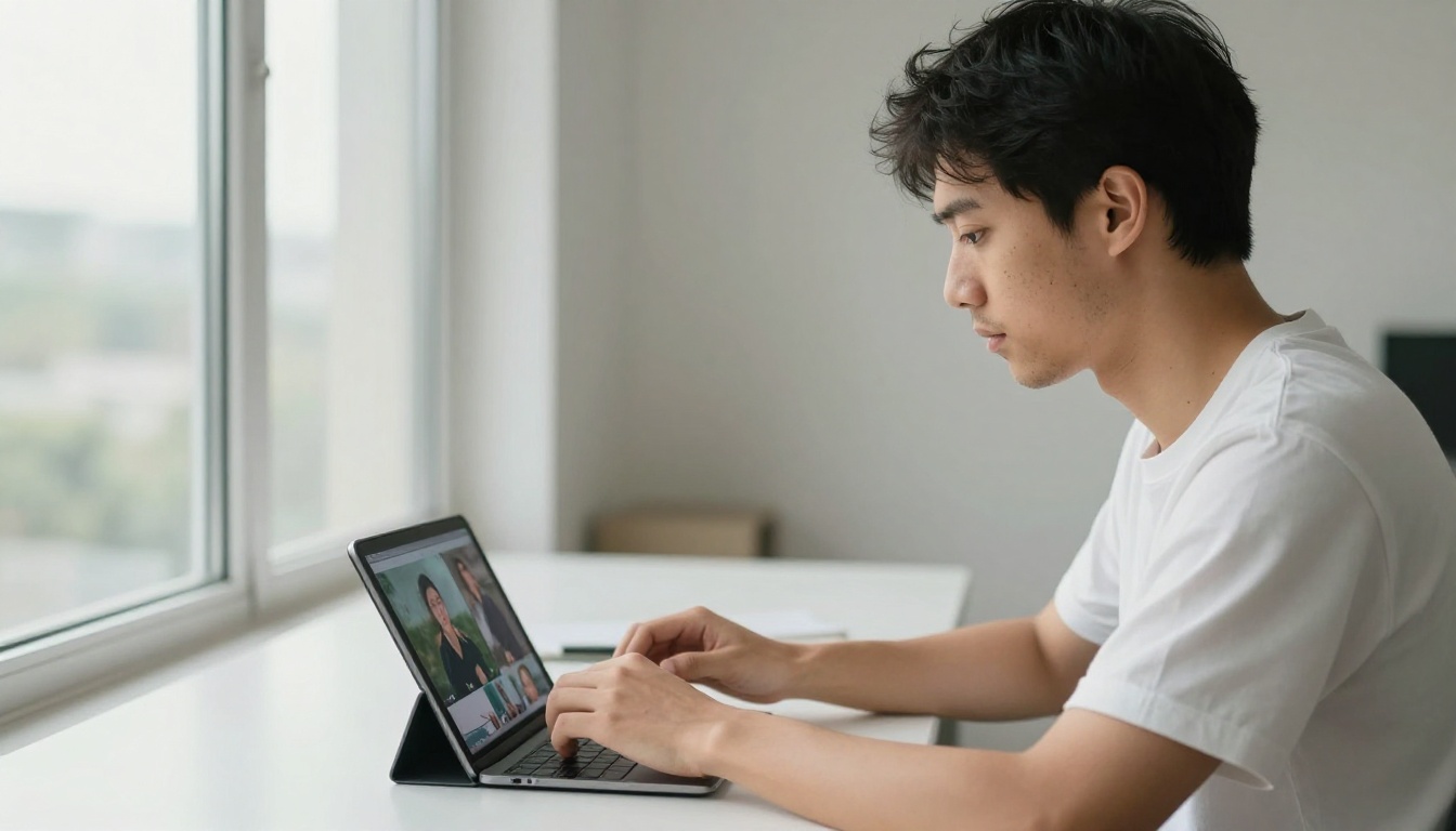 Young man reviewing AI-generated video clips on a tablet in morning side light at minimal desk