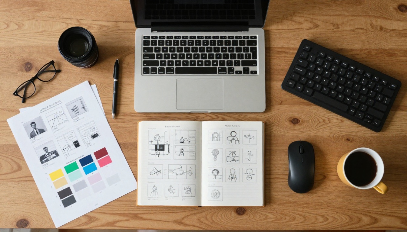 Overhead flatlay of creative workspace with laptop, storyboard sheets, color swatches, and coffee mug on oak desk