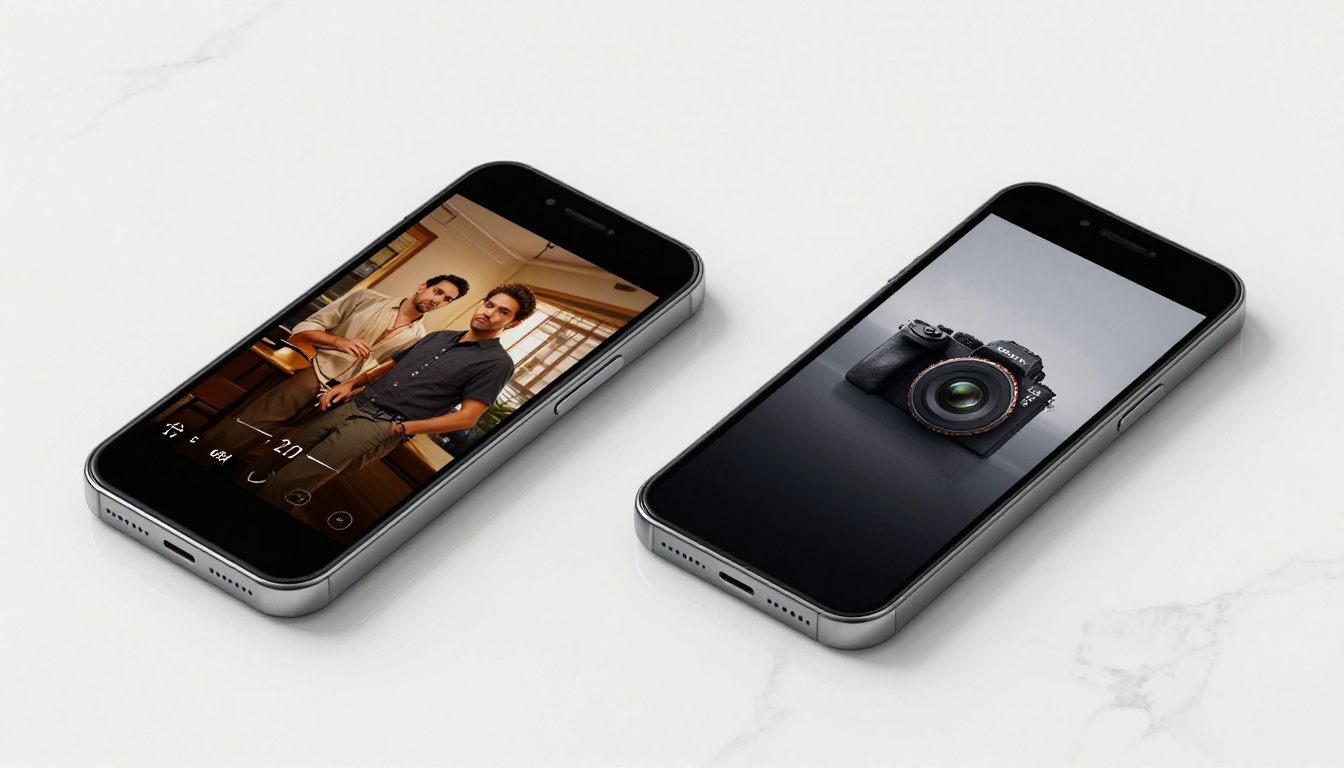Two smartphones displaying AI-generated marketing video content side by side on a minimal white studio table Two smartphones displaying AI-generated marketing video content side by side on a minimal white studio table