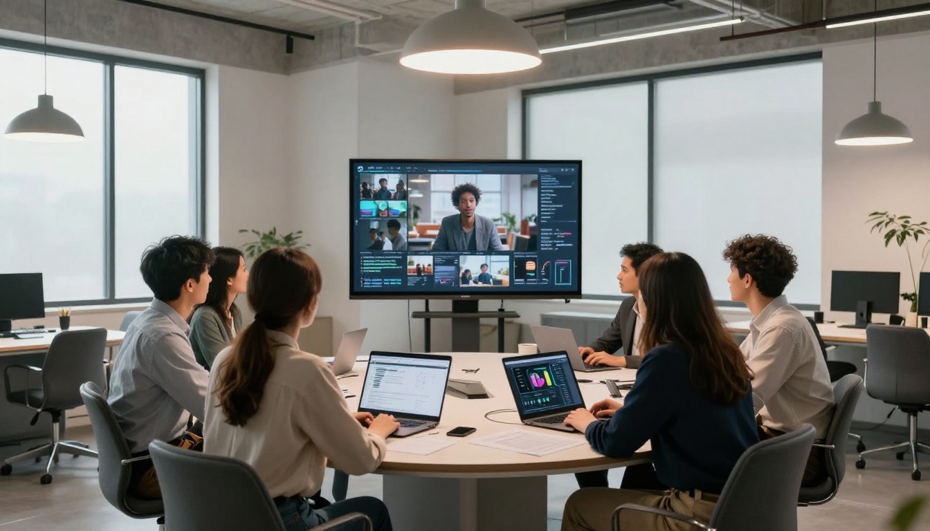 A diverse creative marketing team reviewing AI-generated video storyboards in a bright modern agency office A diverse creative marketing team reviewing AI-generated video storyboards in a bright modern agency office