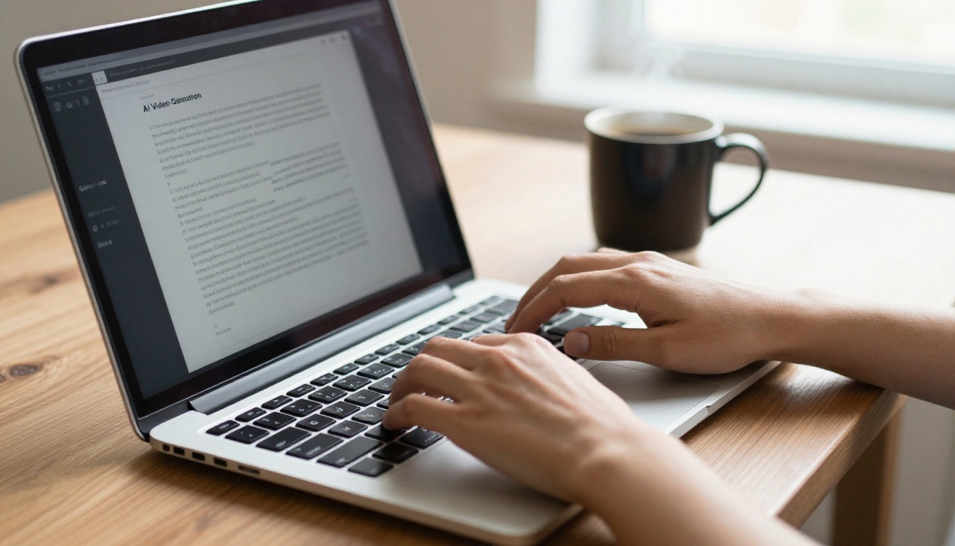 Close-up of a woman's hands typing an AI video generation prompt on a slim silver laptop at an oak wood desk Close-up of a woman's hands typing an AI video generation prompt on a slim silver laptop at an oak wood desk