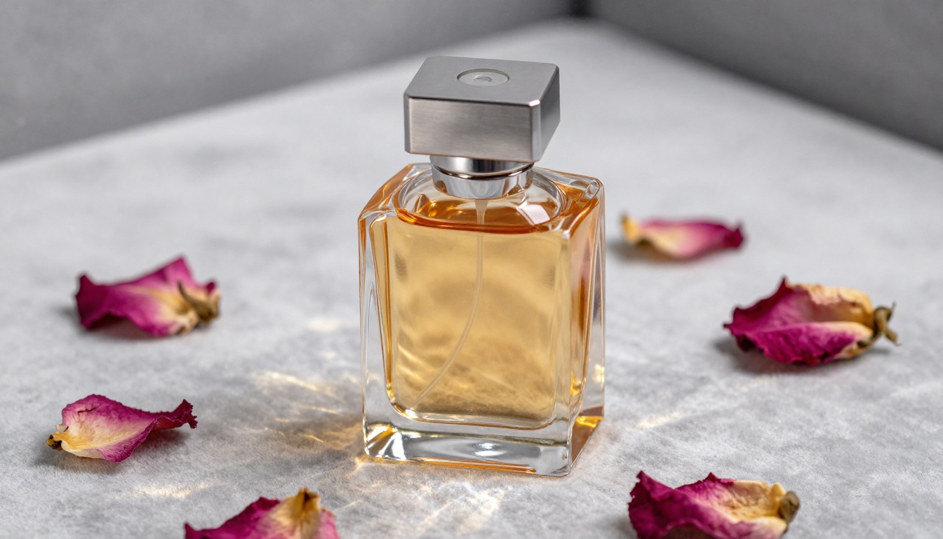 Ultra-close product shot of a luxury crystal amber perfume bottle on grey velvet surrounded by rose petals Ultra-close product shot of a luxury crystal amber perfume bottle on grey velvet surrounded by rose petals