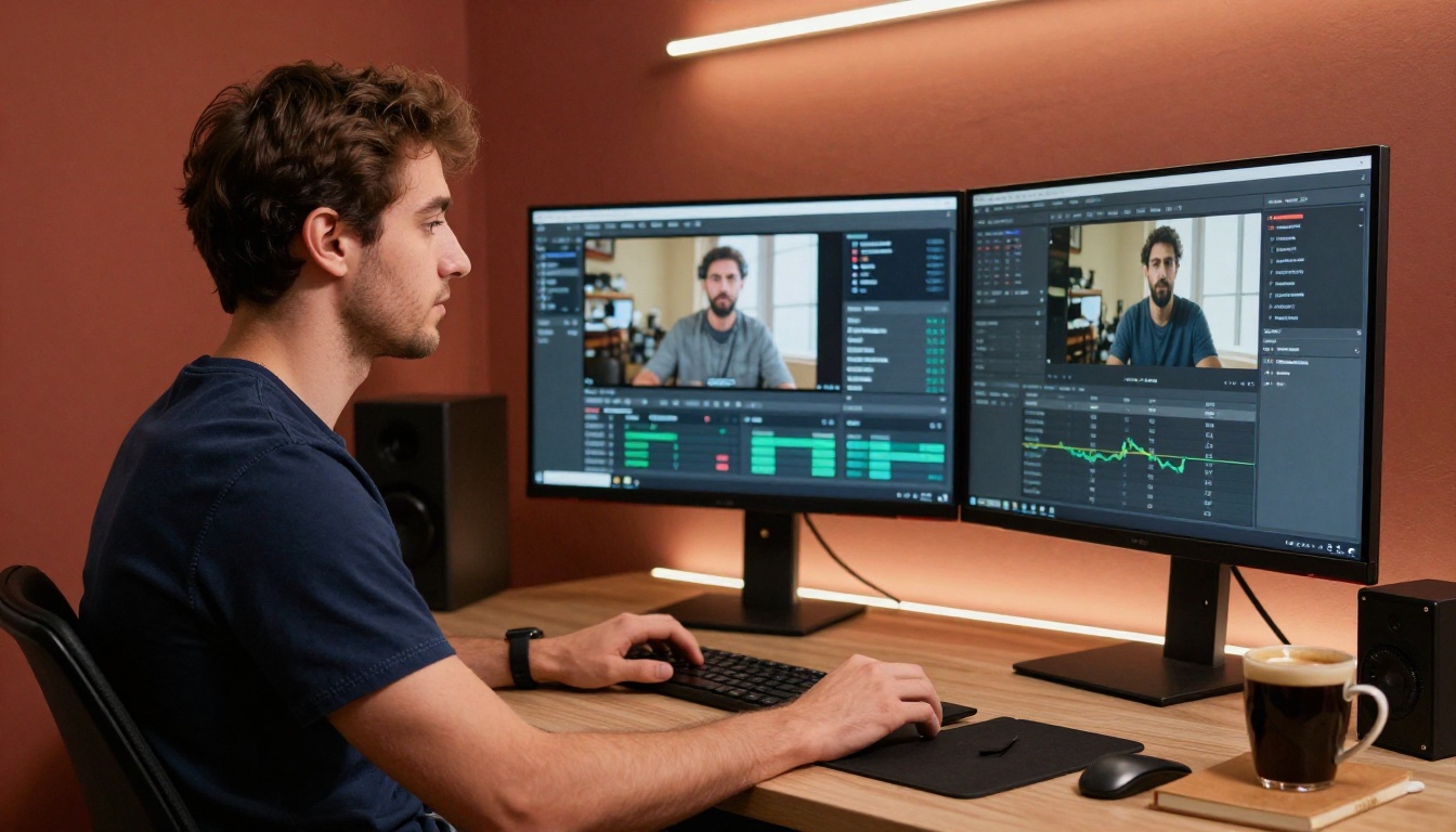 Young male content strategist at a widescreen workstation showing split-screen social media analytics and video preview Young male content strategist at a widescreen workstation showing split-screen social media analytics and video preview