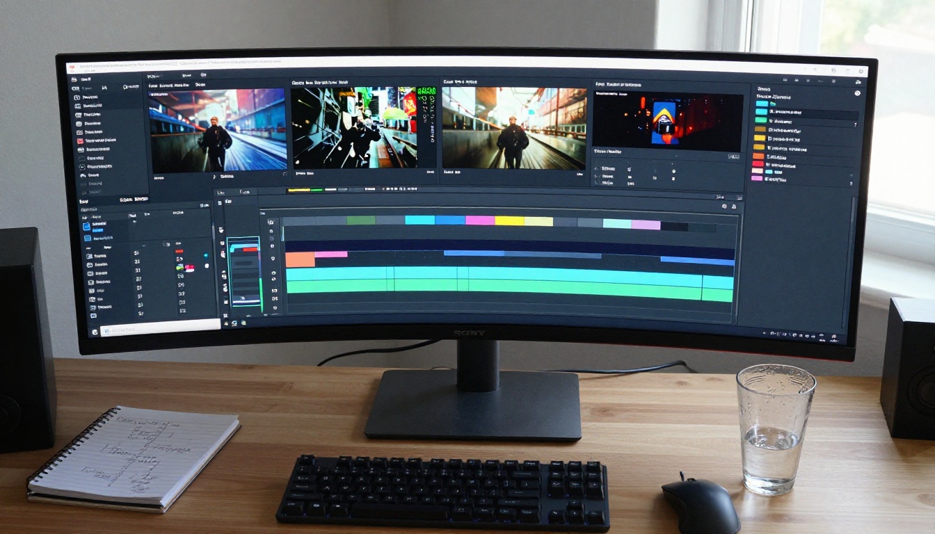 Aerial overhead flat-lay of a professional video editing timeline on an ultrawide monitor with keyboard and notebook