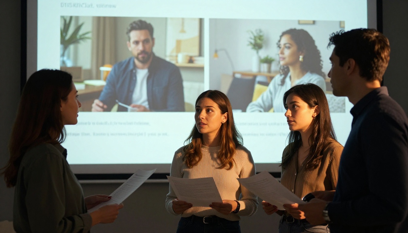 A marketing team of three standing in front of a bright projector screen reviewing AI-generated brand video content