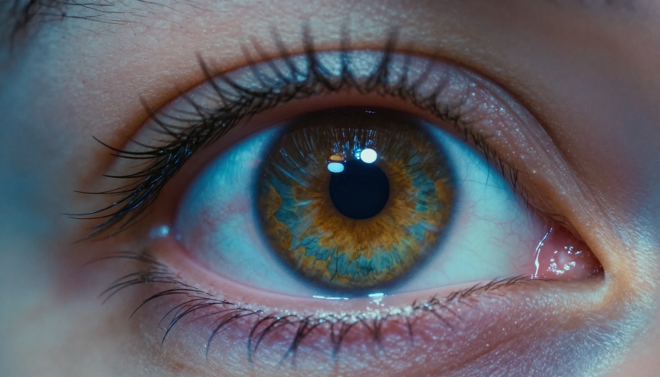 Extreme close-up of a human eye reflecting the glow of an AI-generated video playing on a high-resolution monitor