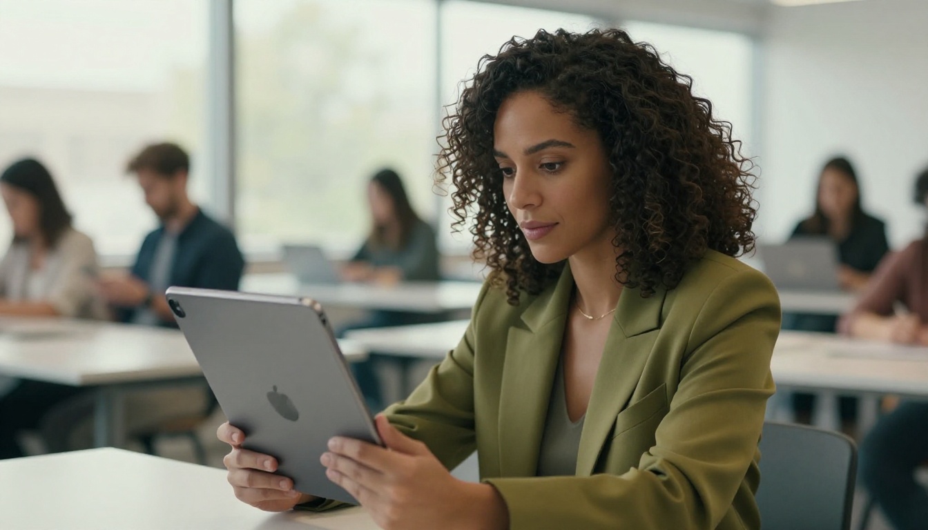 A confident female creative director reviewing AI-generated video content on an iPad in a bright co-working space