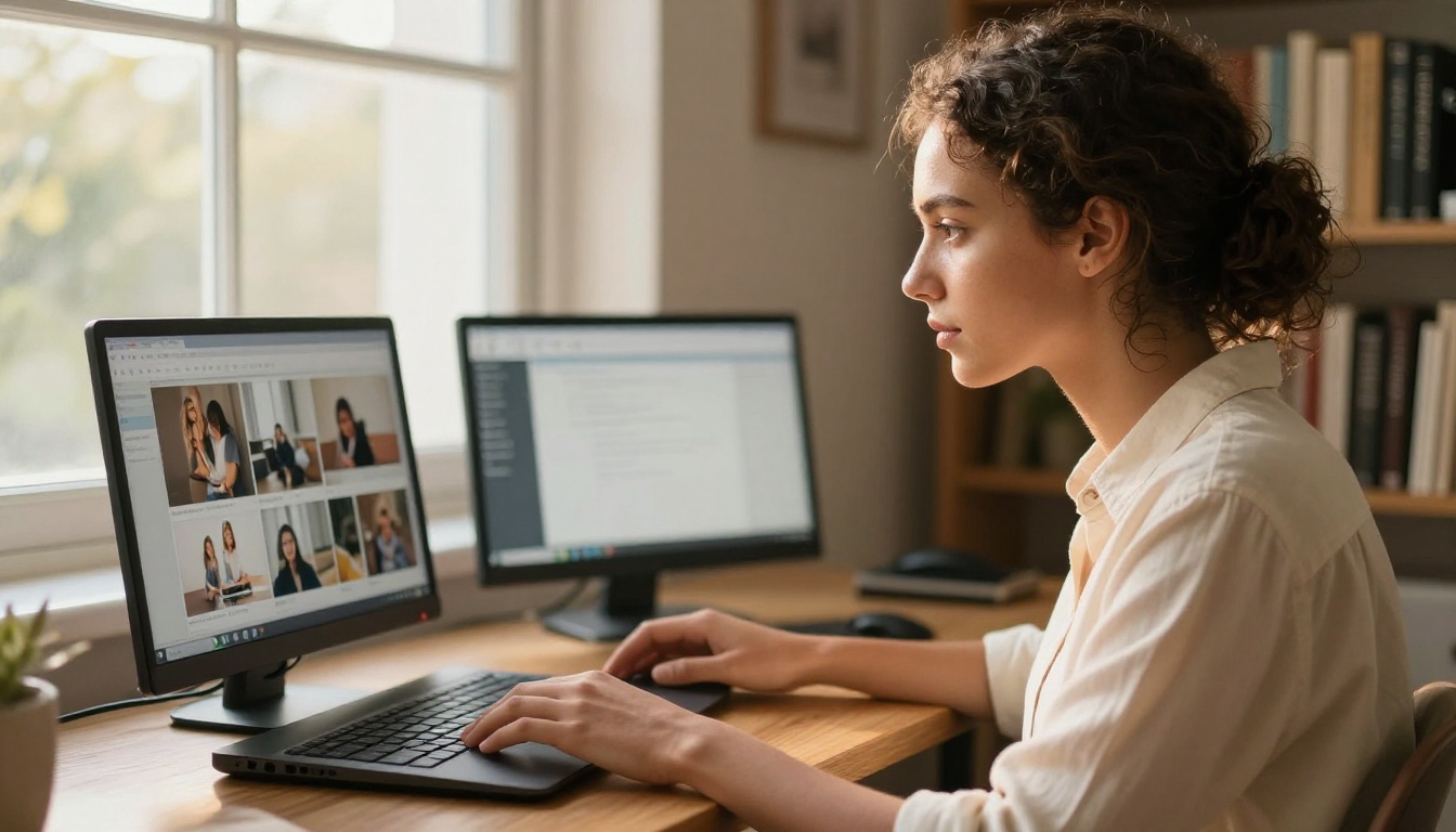 Two researchers compare AI image outputs on side-by-side monitors in a modern office