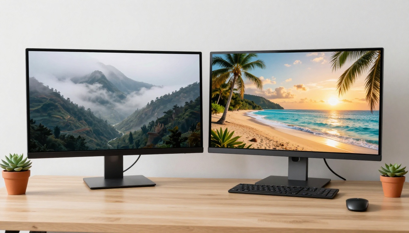 Side-by-side monitors displaying two different AI-generated landscapes for model comparison
