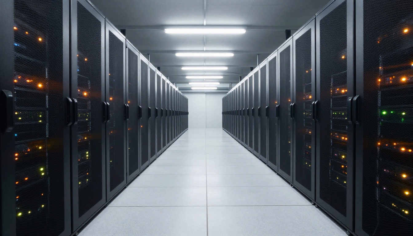 Modern data center corridor with rows of server racks representing AI processing infrastructure