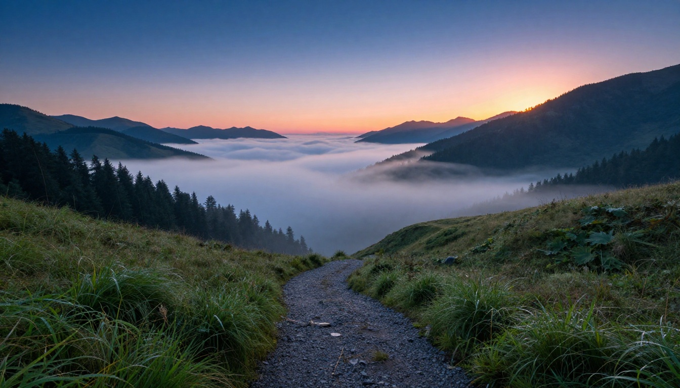 Misty mountain valley at dawn with layered fog banks and soft salmon-pink light on the ridgelines