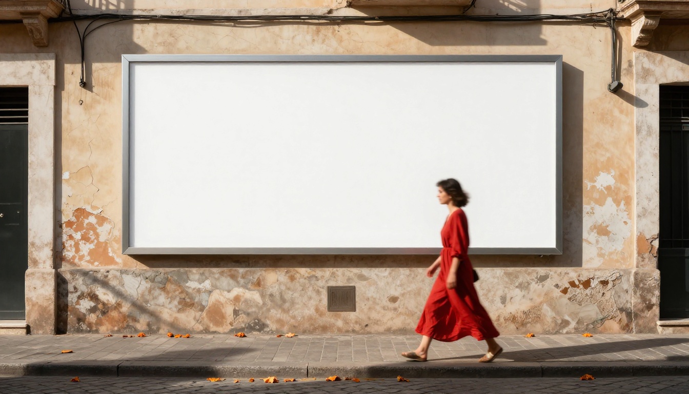 Mediterranean street scene with a blank white billboard on a sun-drenched cobblestone corner