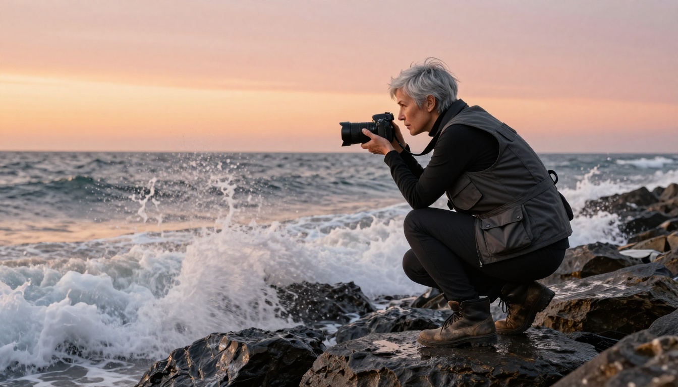 Female photographer crouching low on a rocky shoreline at golden hour with camera aimed at crashing surf