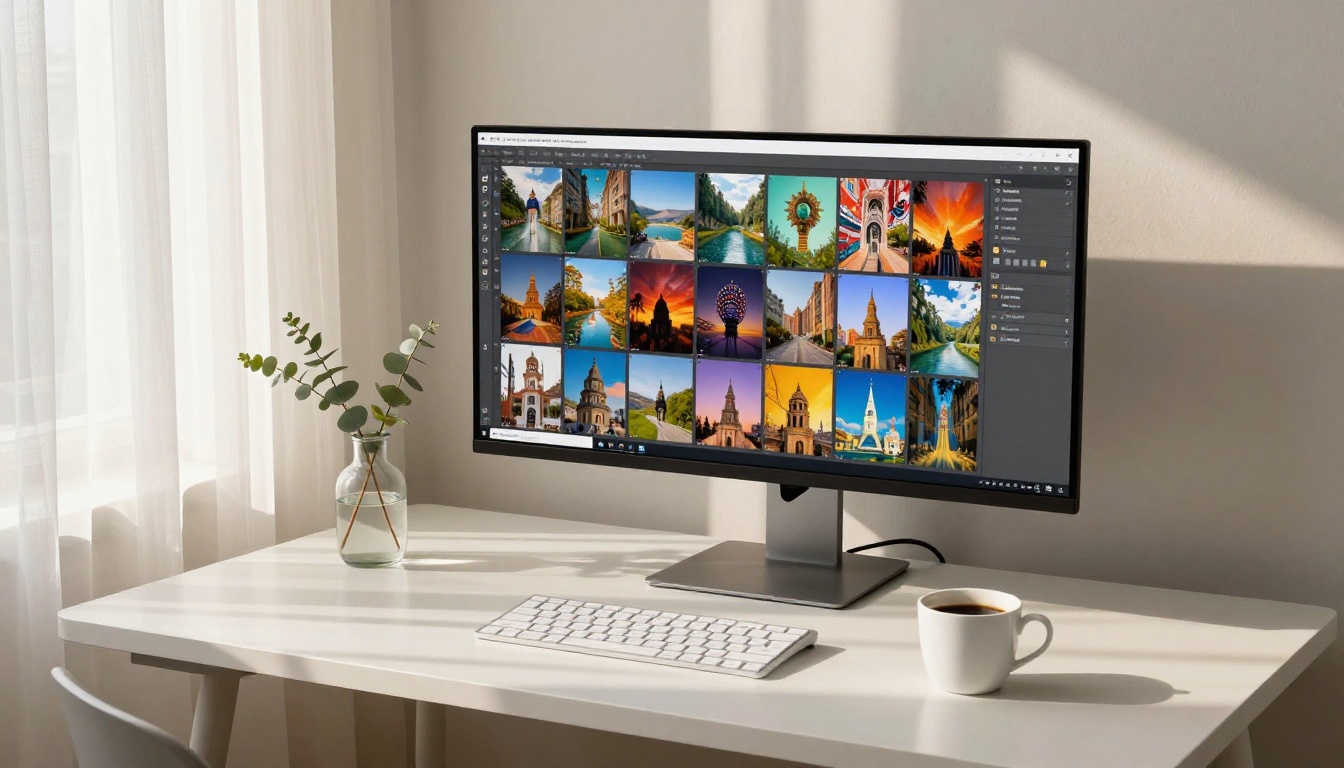 Bright home workspace with a curved monitor displaying an AI image generation grid interface