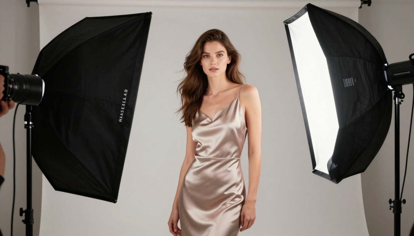 Professional fashion photography studio with model in silk dress under studio lighting