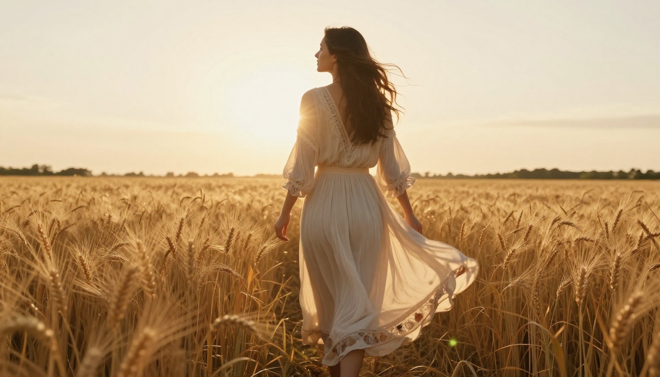 Low-angle shot of woman in bohemian dress walking through sunlit wheat field